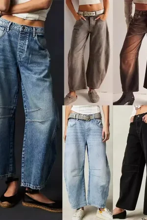 Women Loose Mid Waist Jeans Denim Full Length Pants Sexy Fashion Solid Color Trousers Denim Pockets Bleached