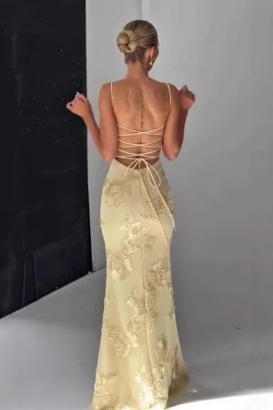 Mingmingxi Women Maxi Backless Dress Sexy 3D Floral Embroidery Mermaid Gown Yellow Formal gala Prom Party Dress Long