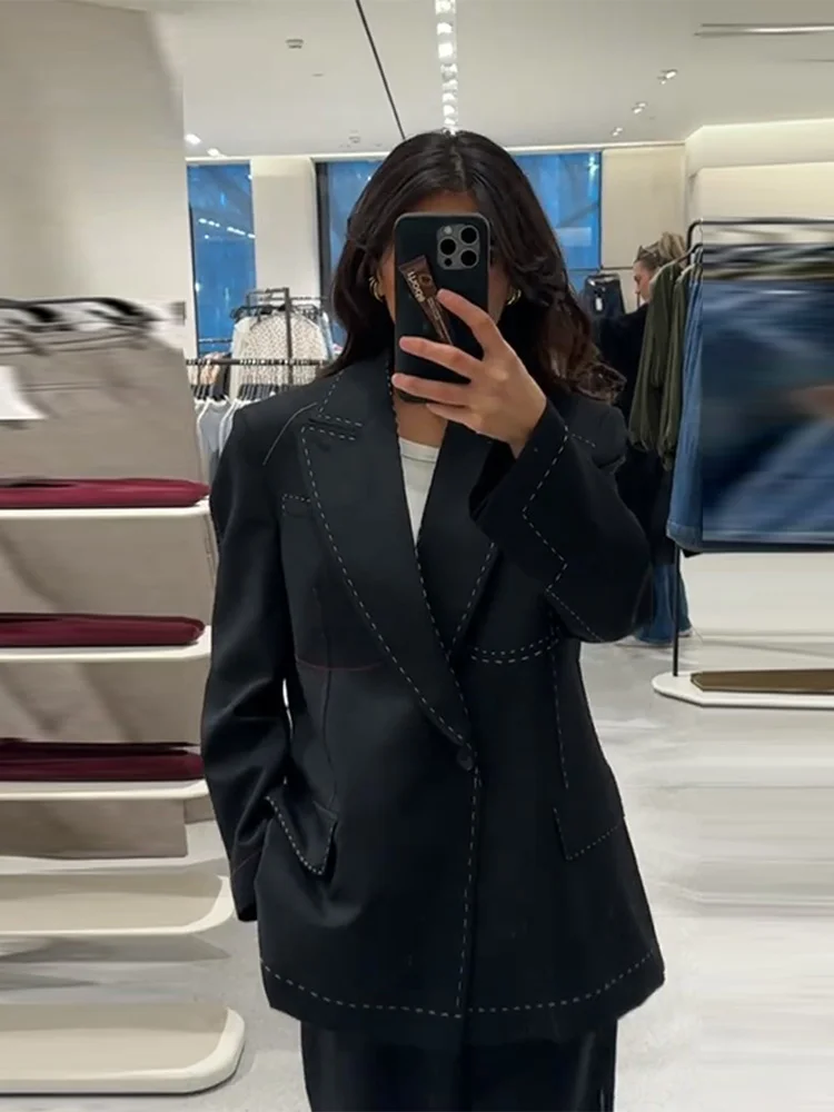 Shoulder Pad Suture Blazer Female Loose V Neck Long Sleeves One Button Pockets Coats Female 2026 Spring New Chic Street Outwear - Image 6