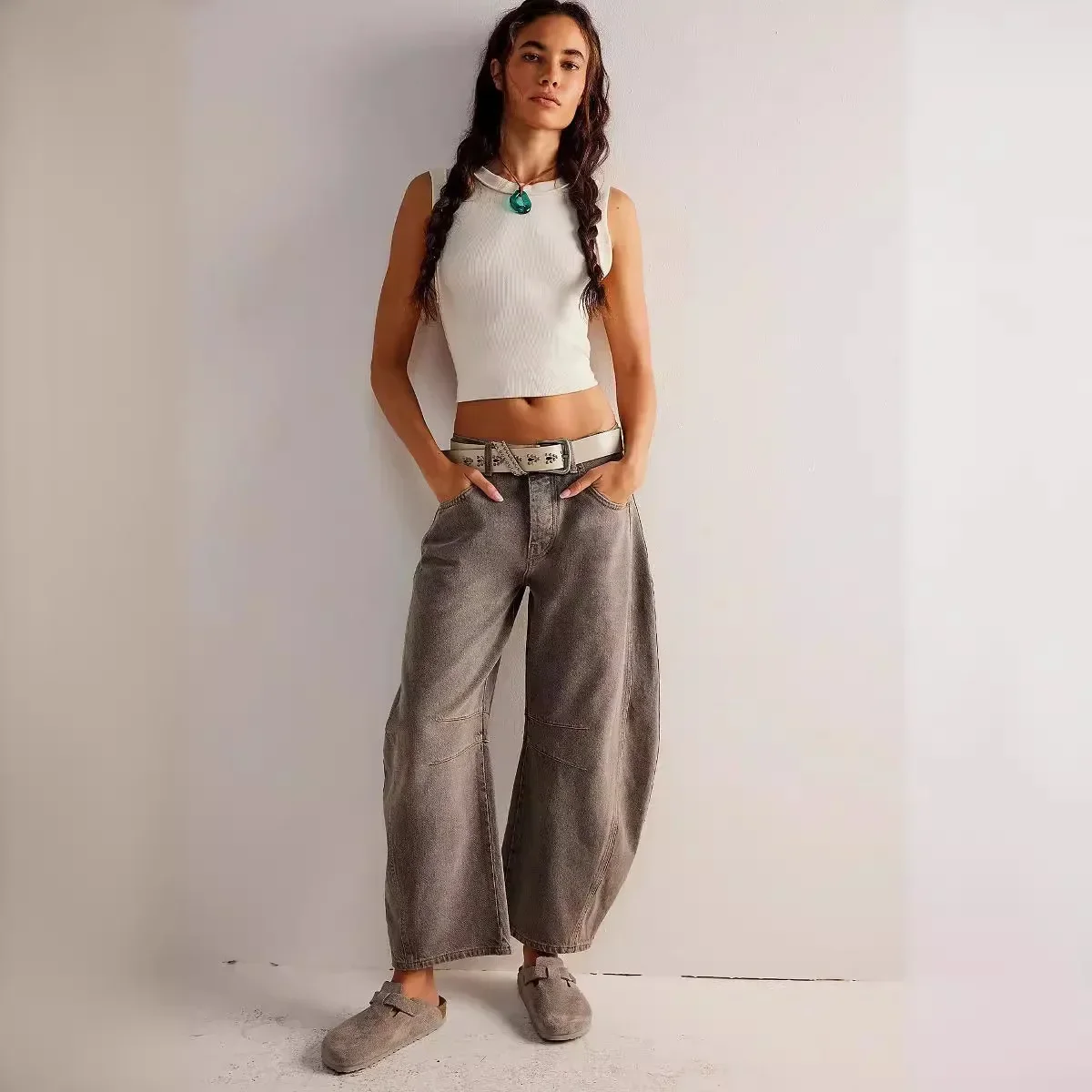 Women Loose Mid Waist Jeans Denim Full Length Pants Sexy Fashion Solid Color Trousers Denim Pockets Bleached - Image 3