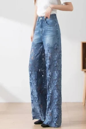 Women's High Waist Jeans Lace Patchwork Hollow Out Oversized Spring Pants, Casual Loose All-Match Fashion Elegant Trousers