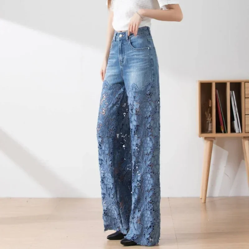 Women's High Waist Jeans Lace Patchwork Hollow Out Oversized Spring Pants, Casual Loose All-Match Fashion Elegant Trousers