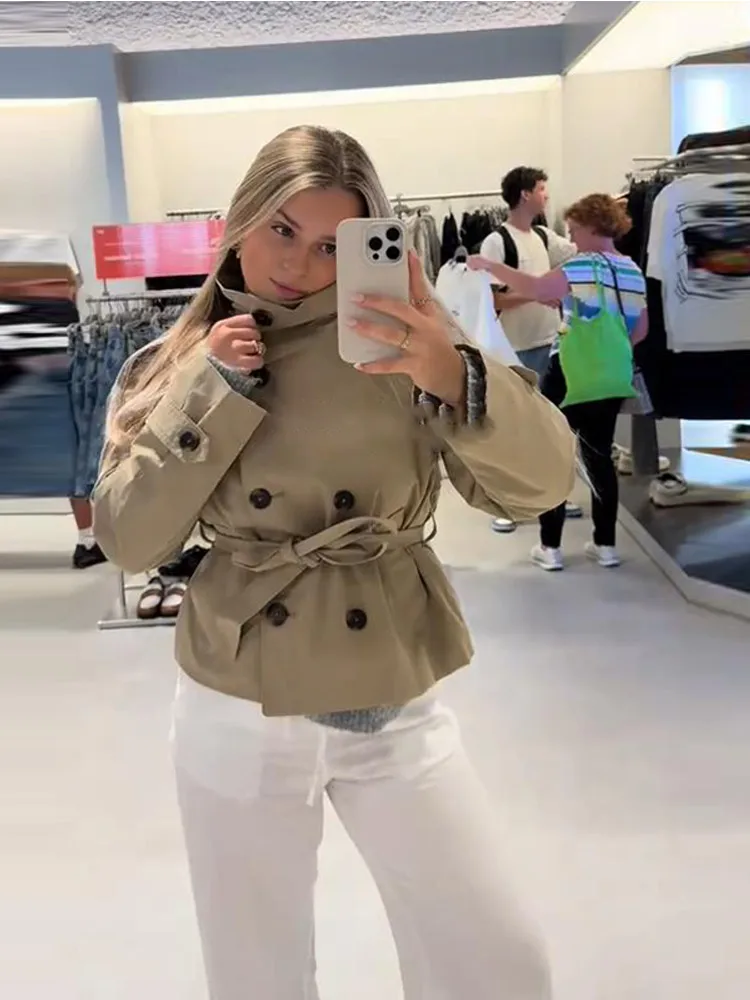 Stand-Up Collar Lace Up Jacket Women Double-Breasted Epaulets Long Sleeve Pocket Short Female Jacket Classic Autumn Coat Ladues - Image 4