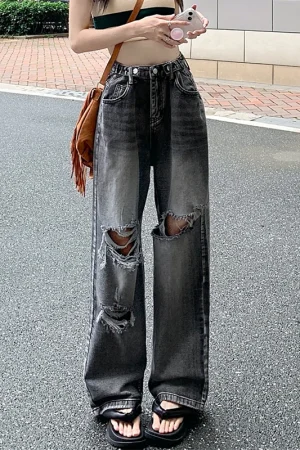 High Waist Straight Leg Jeans Women's Loose Vintage High Street Trendy INS Wide Leg Pants plus Size Slimming Hole Design