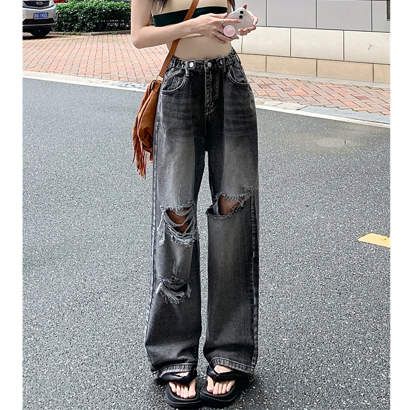 High Waist Straight Leg Jeans Women's Loose Vintage High Street Trendy INS Wide Leg Pants plus Size Slimming Hole Design