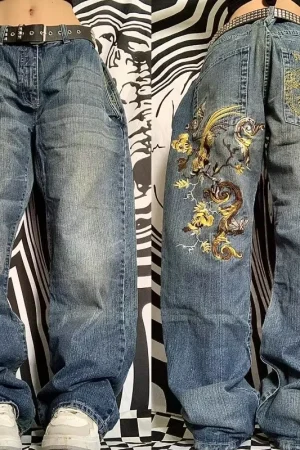 American Fashion Trend Joker Pattern Embroidered Loose Jeans Women Street Y2K New Hip Hop Oversized Wide-leg Pants Unisex Jeans