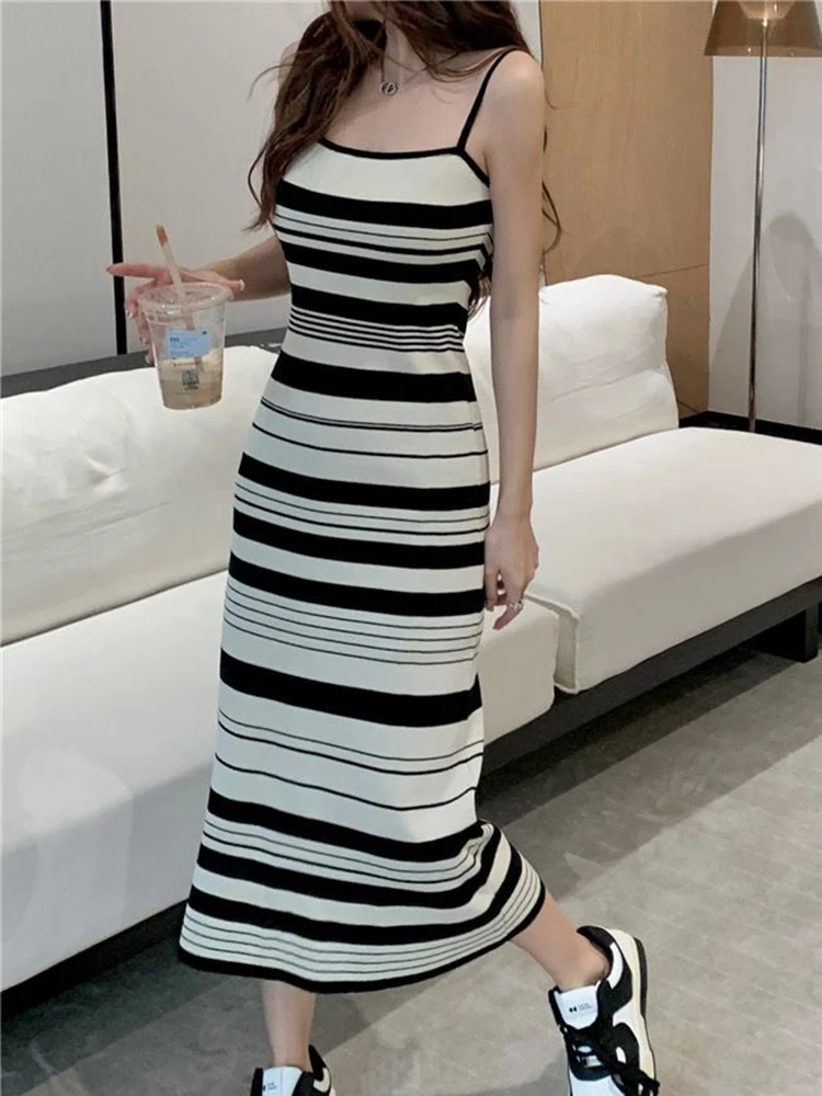 Elegant Camisole Dress for Women's Summer New Sleeveless Slim fit Knitted Striped Mid Length Dresses - Image 3