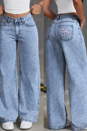 Women's Back Pocket Bow Embroidered Fashionable Wide Leg Pants Versatile Washed Denim Trousers
