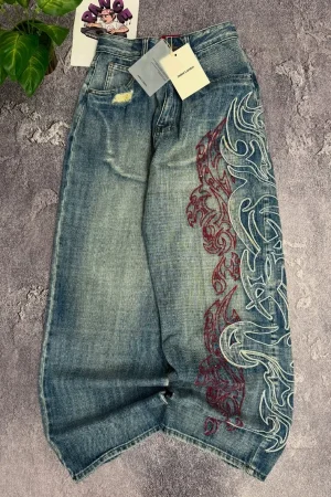 Y2K Embroidered Baggy Jeans Women Rock Hip Hop Retro Popular Casual High Waist Wide Leg Pants Streetwear New Fashion Big Pattern