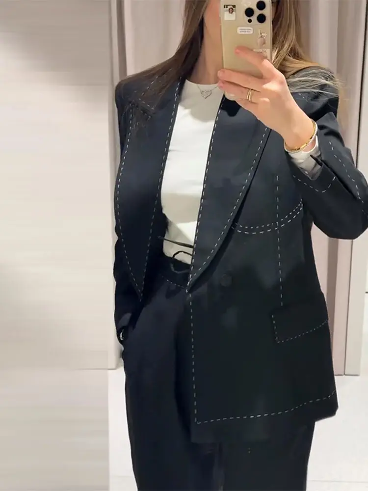 Shoulder Pad Suture Blazer Female Loose V Neck Long Sleeves One Button Pockets Coats Female 2026 Spring New Chic Street Outwear - Image 4
