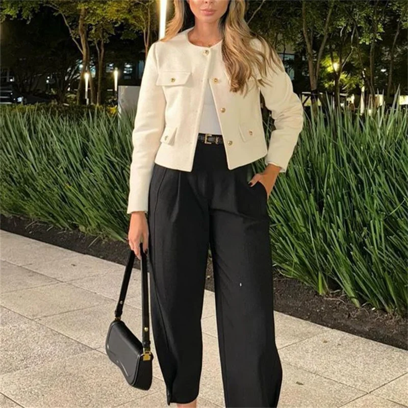 MUJER 2025 Cropped Tweed Jacket Woman Coat Button Long Sleeve Elegant Jackets For Women Short Coats Fashion New In Outerwears - Image 3