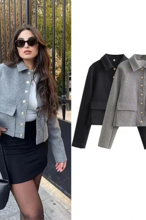 HXAO Women's Aviator Black Jacket Wool & Blends Coats Cropped Bomber Jacket Autumn Winter Demi-season Crop Jacket Outerwears