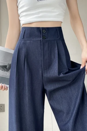 Deep Blue Silk Denim Jeans Women Summer Thin High Waist Draped Pear ape Slim Ice Silk Wide Leg Pants Long Pants Button Closure