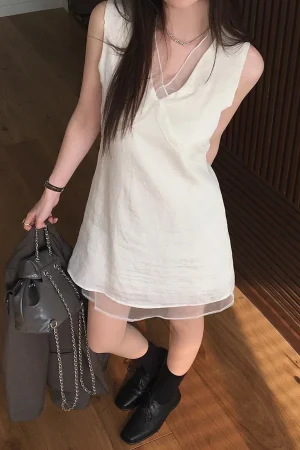 White V-ne Splice Dr Women's Chic Summer New Sle Ele Skirt Faion High-ade Feeling Vest Dr Korean Sle Loos...