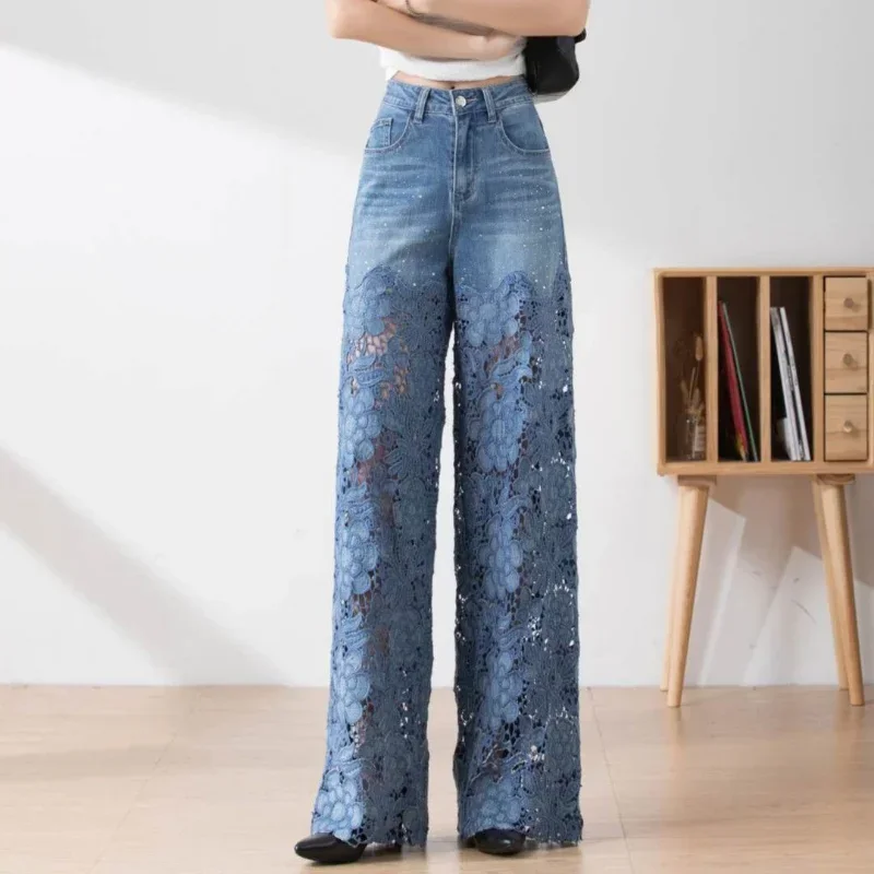 Women's High Waist Jeans Lace Patchwork Hollow Out Oversized Spring Pants, Casual Loose All-Match Fashion Elegant Trousers - Image 5