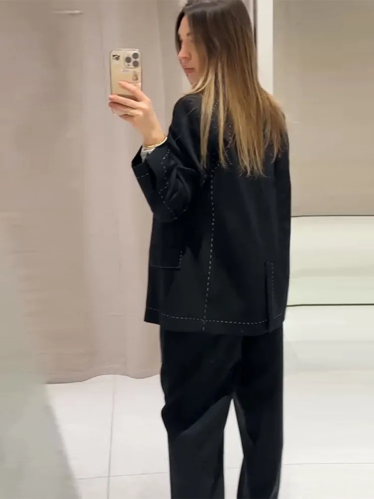 Shoulder Pad Suture Blazer Female Loose V Neck Long Sleeves One Button Pockets Coats Female 2026 Spring New Chic Street Outwear - Image 2