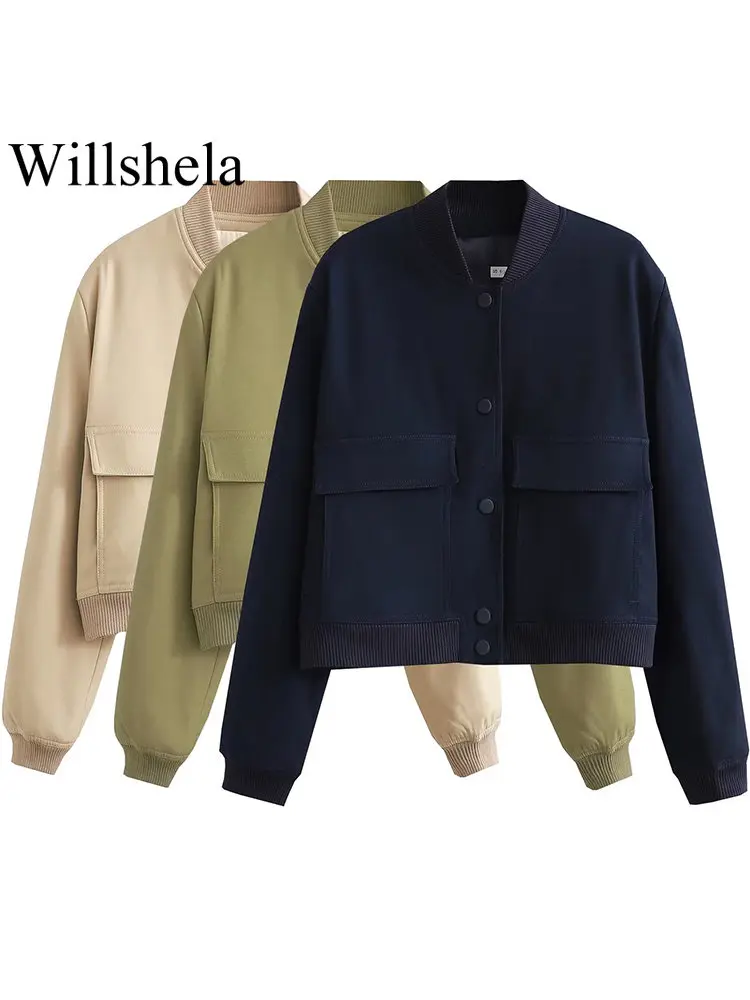 Willshela Women Fashion Solid Bomber Jackets Coat With Pockets V-Neck Single Breasted Long Sleeves Female Chic Lady Outfits - Image 5