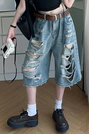 Summer Women Ripped Designer Baggy Jeans Lady Retro Fashion High Waist Capri Pants Female Chic Solid Thin Denim Shorts