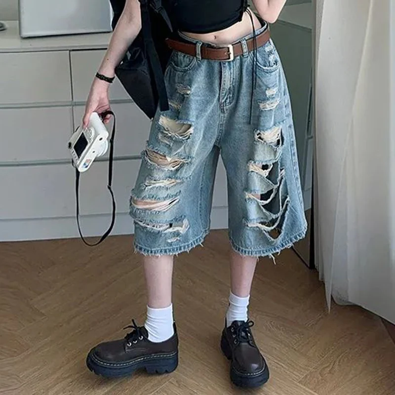 Summer Women Ripped Designer Baggy Jeans Lady Retro Fashion High Waist Capri Pants Female Chic Solid Thin Denim Shorts