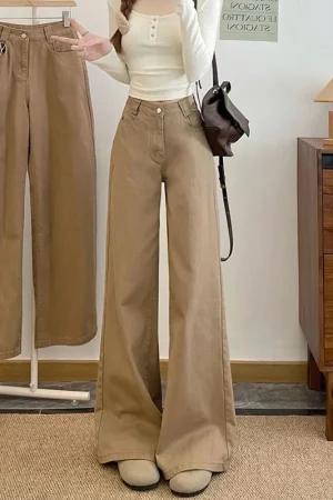 High Street Female Wide Leg Khaki Jeans Girls Casual Low Waist Solid Denim Trousers Women Korean Loose Fit Pants