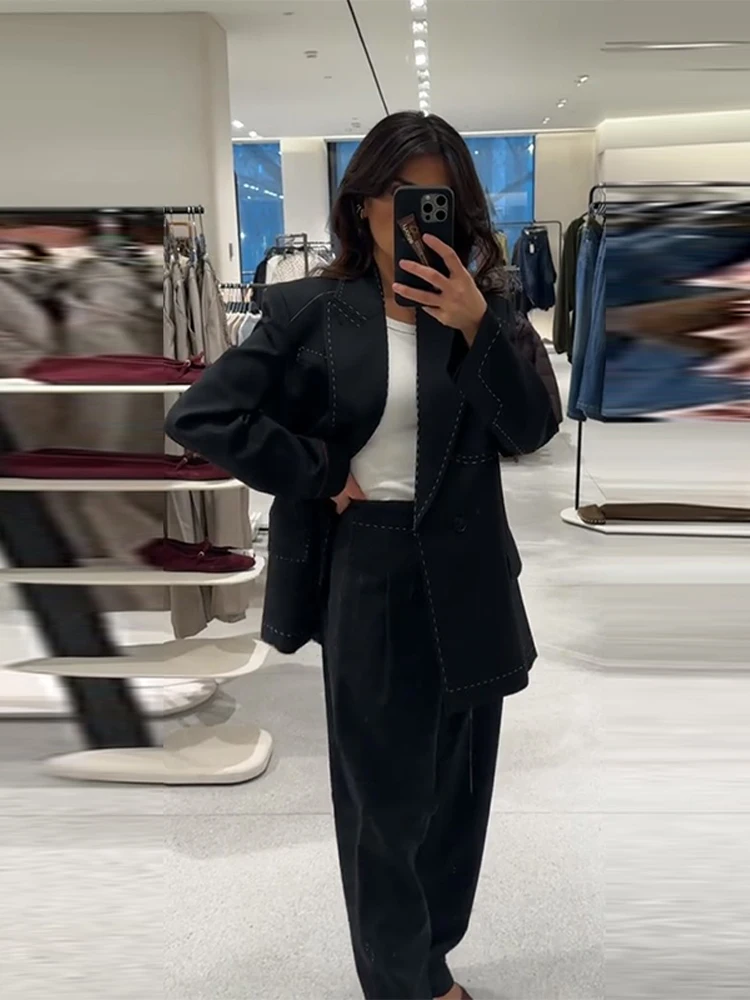 Shoulder Pad Suture Blazer Female Loose V Neck Long Sleeves One Button Pockets Coats Female 2026 Spring New Chic Street Outwear