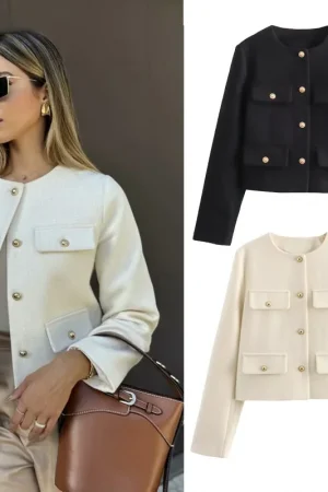 MUJER 2025 Cropped Tweed Jacket Woman Coat Button Long Sleeve Elegant Jackets For Women Short Coats Fashion New In Outerwears