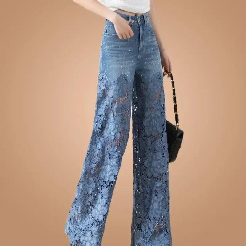 Women's High Waist Jeans Lace Patchwork Hollow Out Oversized Spring Pants, Casual Loose All-Match Fashion Elegant Trousers - Image 2