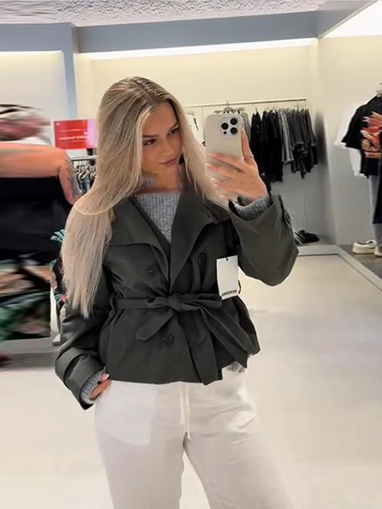 Stand-Up Collar Lace Up Jacket Women Double-Breasted Epaulets Long Sleeve Pocket Short Female Jacket Classic Autumn Coat Ladues - Image 3