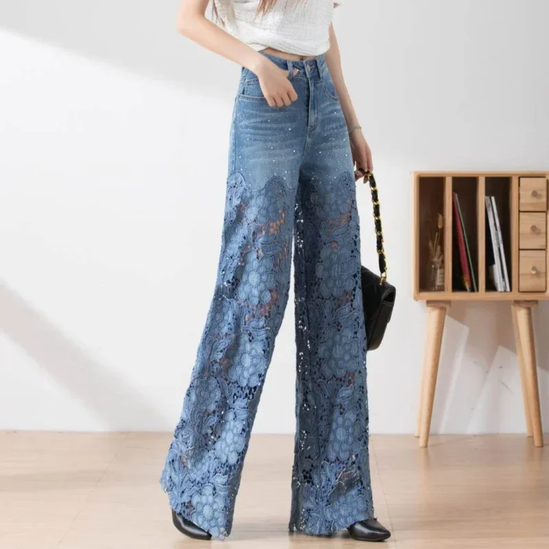 Women's High Waist Jeans Lace Patchwork Hollow Out Oversized Spring Pants, Casual Loose All-Match Fashion Elegant Trousers - Image 4