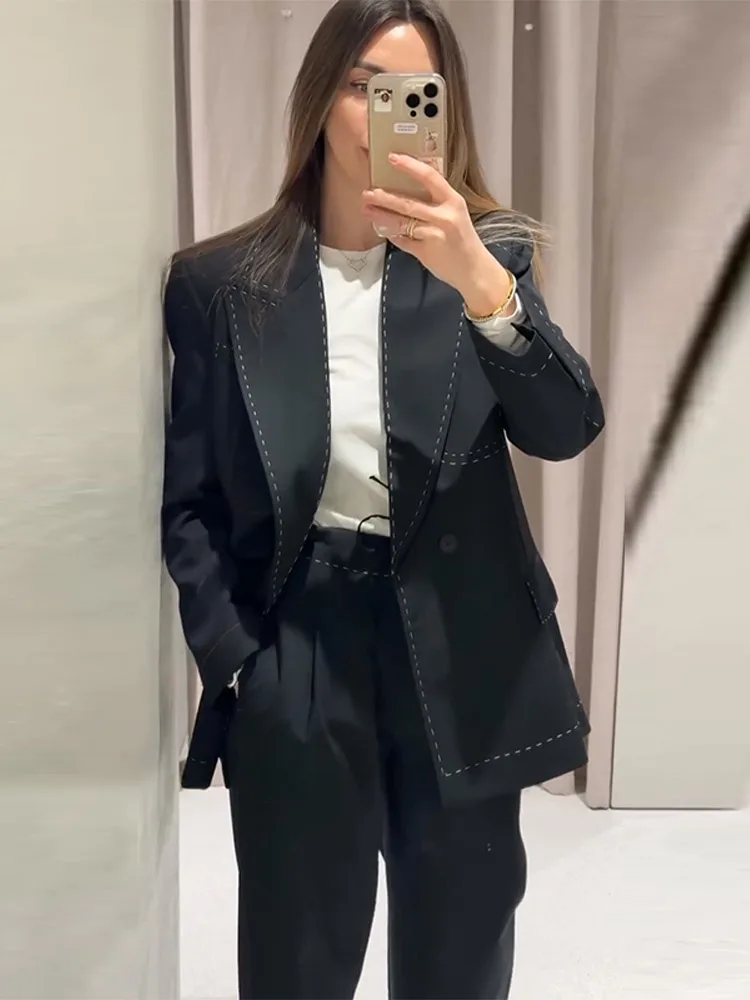 Shoulder Pad Suture Blazer Female Loose V Neck Long Sleeves One Button Pockets Coats Female 2026 Spring New Chic Street Outwear - Image 3