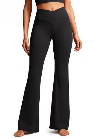 Crossover Flare Leggings for WomenHigh Waist V Cross Bootcut Bell Bottoms Tummy Control Yoga Pants