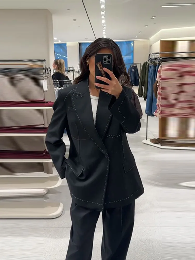 Shoulder Pad Suture Blazer Female Loose V Neck Long Sleeves One Button Pockets Coats Female 2026 Spring New Chic Street Outwear - Image 5