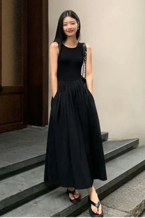 New Vintage Black Tank Top Midi Dress Wedding Dresses for Women Clothing O Neck Office Lady Casual Pockets Women's Clothing