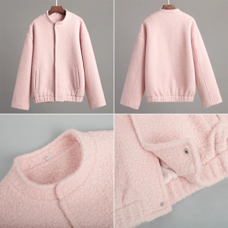 Talenza Women's Pink Short Fur Jacket Autumn Loose Fashion Long Sleeve Jacket Top Casual Stand Collar Pocket Button Warm Jacket - Image 4