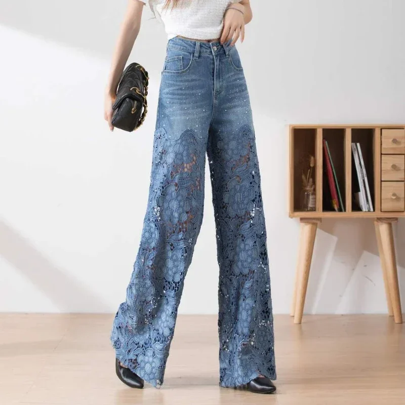 Women's High Waist Jeans Lace Patchwork Hollow Out Oversized Spring Pants, Casual Loose All-Match Fashion Elegant Trousers - Image 3