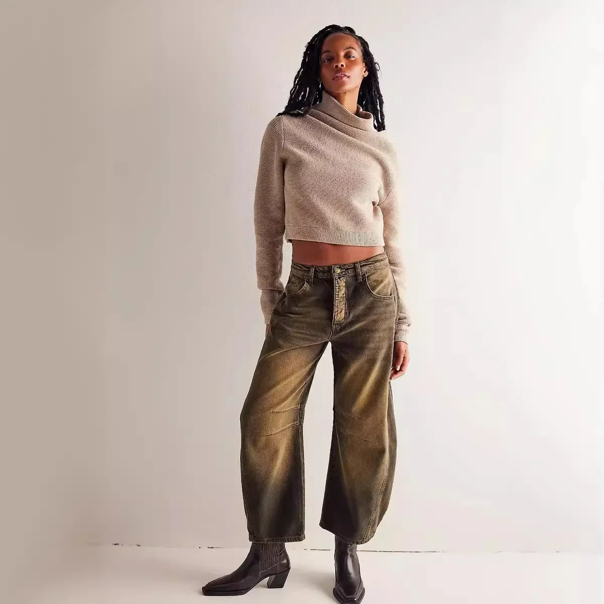 Women Loose Mid Waist Jeans Denim Full Length Pants Sexy Fashion Solid Color Trousers Denim Pockets Bleached - Image 2