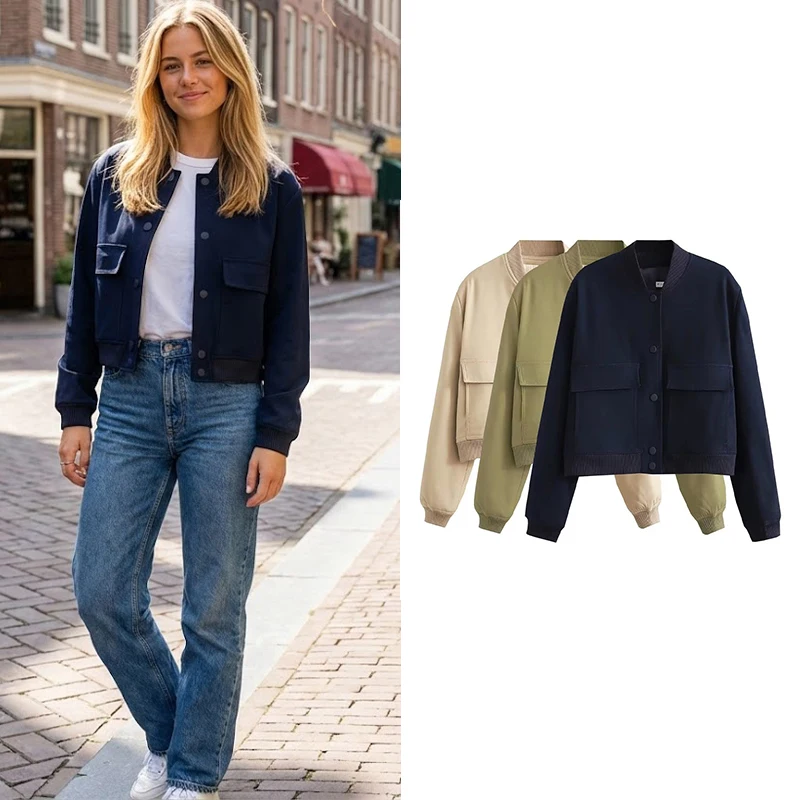 Willshela Women Fashion Solid Bomber Jackets Coat With Pockets V-Neck Single Breasted Long Sleeves Female Chic Lady Outfits