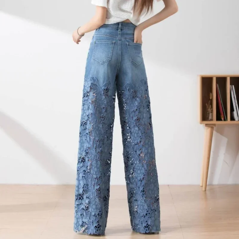 Women's High Waist Jeans Lace Patchwork Hollow Out Oversized Spring Pants, Casual Loose All-Match Fashion Elegant Trousers - Image 6