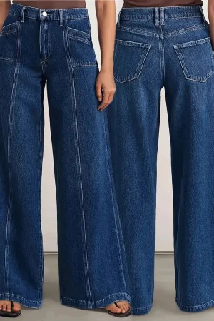 "Women’s Deep Blue Wide Leg Jeans - Stylish Denim Trousers for Comfort and Versatility