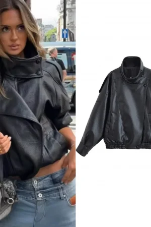 Women's Jacket Fall 2025 New Black Long Sleeve Pebble Faux Leather Jacket Motorcycle Style Personality Fashion